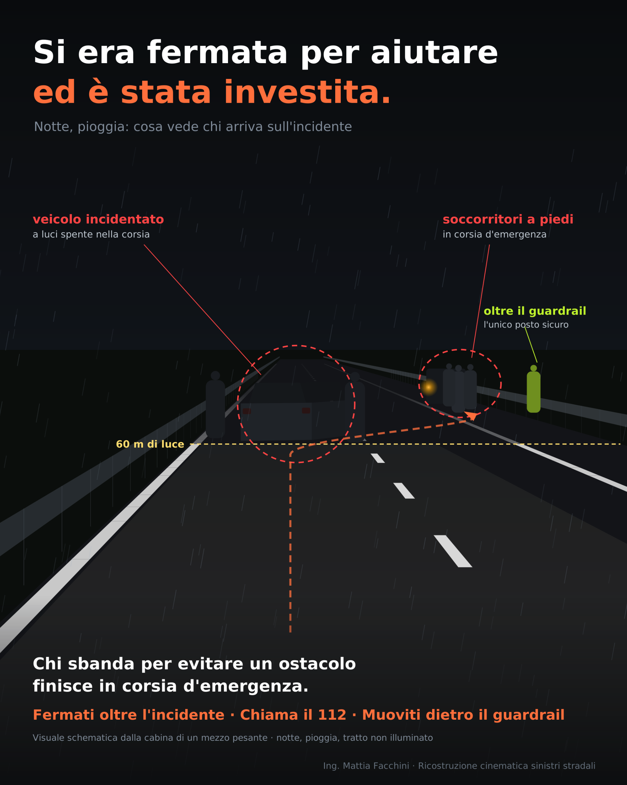 Visuale notturna dalla cabina di un mezzo pesante: veicolo incidentato a luci spente nella corsia, soccorritori a piedi in corsia d'emergenza, una persona al sicuro oltre il guardrail; gli anabbaglianti illuminano circa 60 metri.
